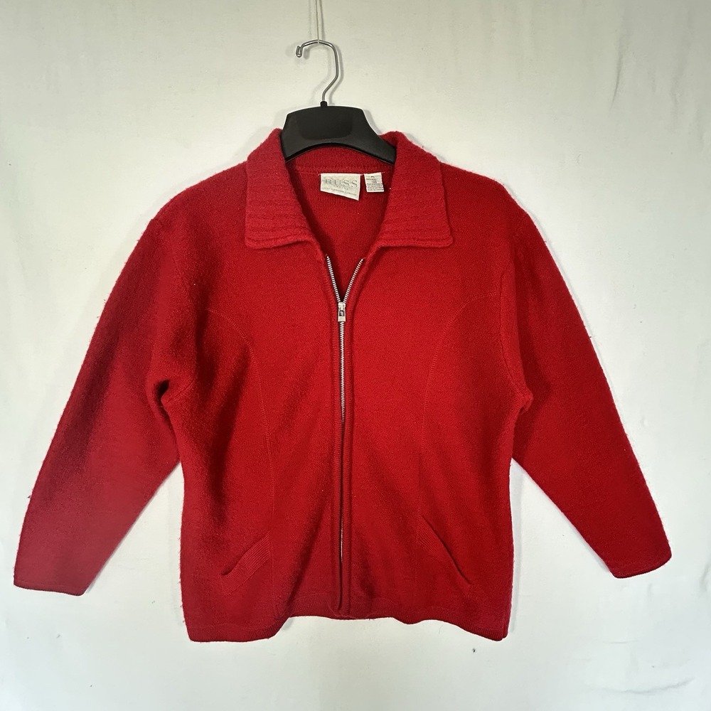 VINTAGE 80s 90s Russ Liz Claiborne Red 100% Pure Boiled Wool Zip Up Jacket